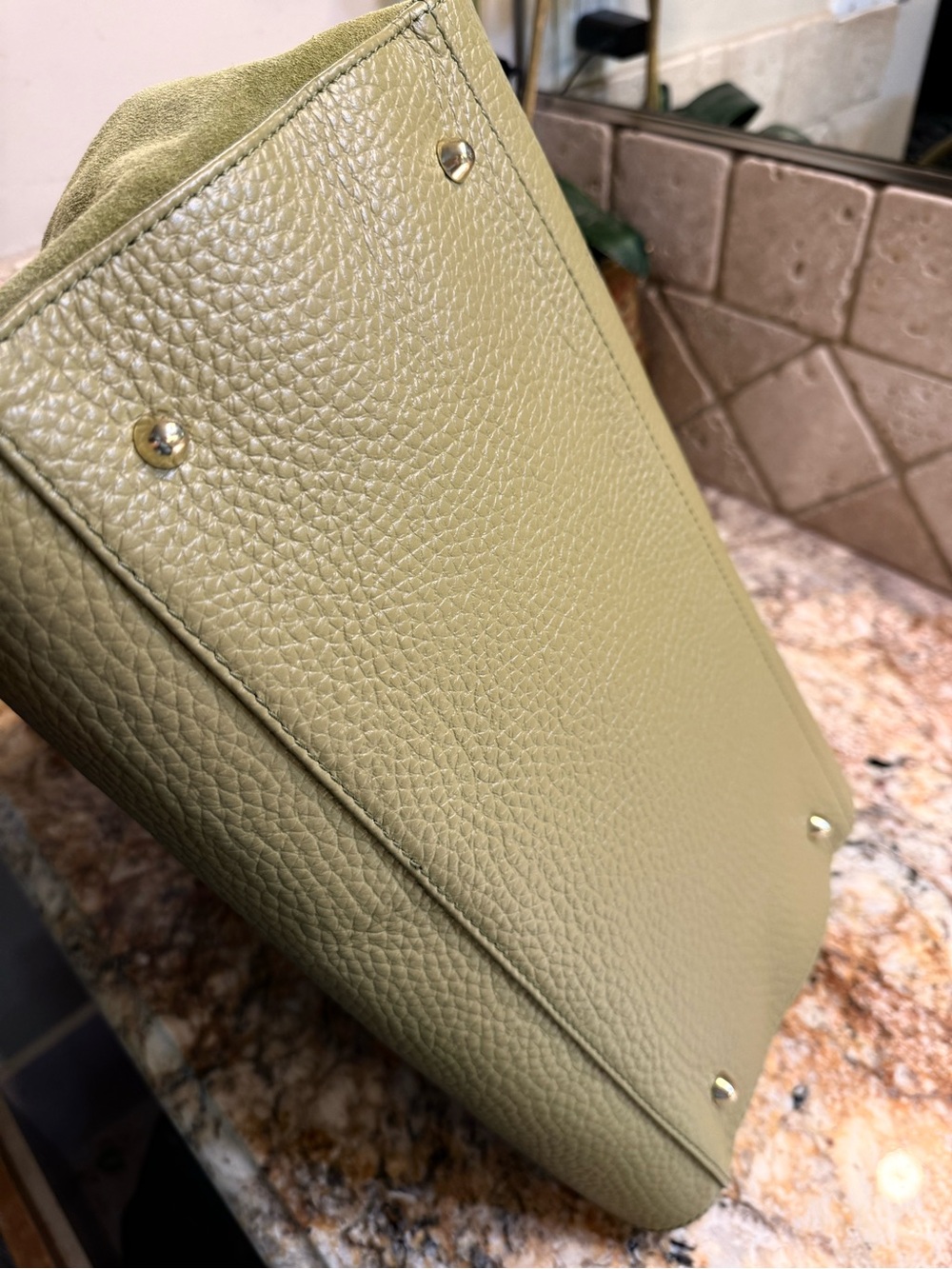 Anna Paola Classic Pebbled Leather Dome Satchel Travel Olive Made In Italy NE - Picture 10 of 11
